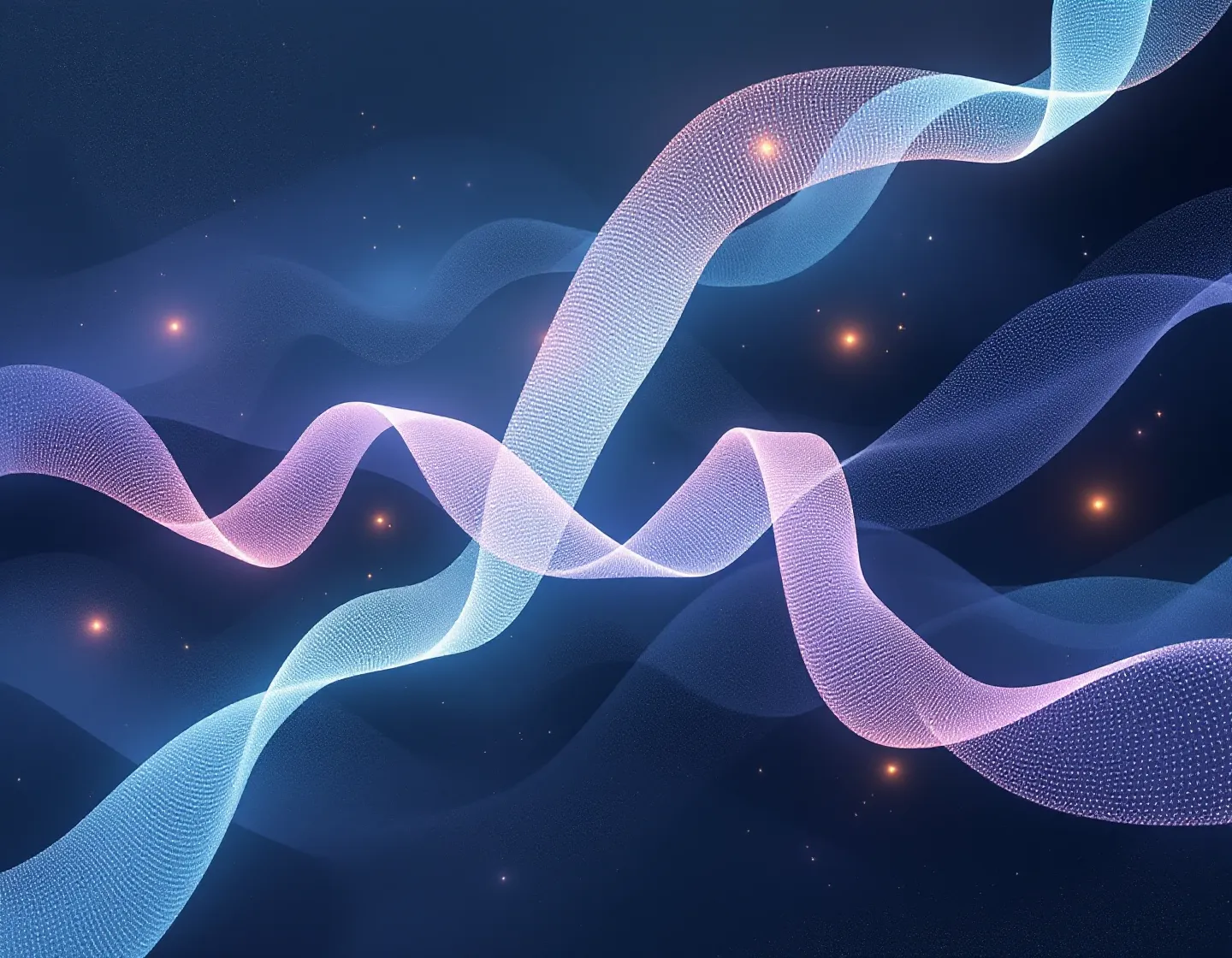 Soft fog-lit composition of four luminous cool-pastel currents — periwinkle, lavender-orchid, fog-cyan and misty-mauve — for the four KLOW peptides drifting through a slate-indigo dusk, thinning into an unresolved fog-bank where the missing blend data sits